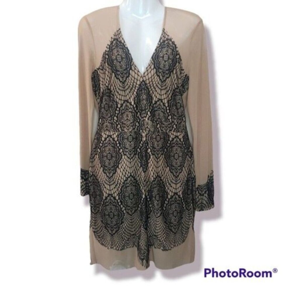 Venus Tan Mesh Black Lace Dress sz 8